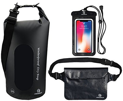Freegrace Waterproof Dry Bag Set of 3 - Submersible Dry Sack with Double Zip Lock Seals - Includes Waist Pouch & Phone Case - Perfect for Kayaking, Swimming, Boating & Rafting (Black(Window), 20L) - color: Black, size: 20L, style: Window