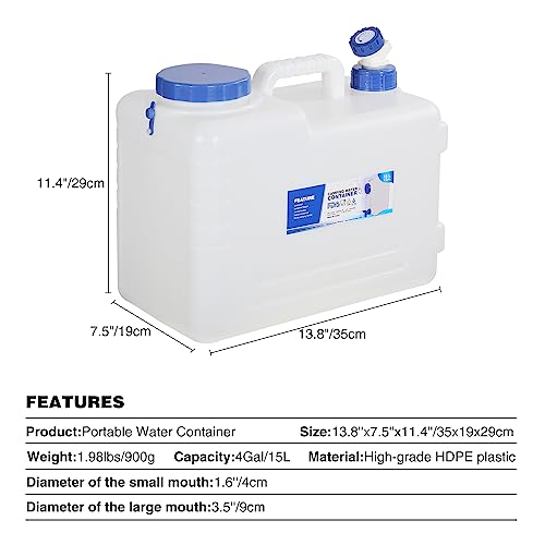 REDCAMP 4 Gallon/15L Portable Water Container with Spigot,Camping Water Jug,Camping Water Container, Large Water Tank,Portable Emergency Water Storage for Camping,Car,Hiking,Hurricane Supplies | BPA Free Camping Water Jug, No Leakage Water Tank, Portable
