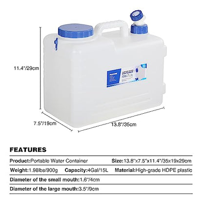 REDCAMP 4 Gallon/15L Portable Water Container with Spigot,Camping Water Jug,Camping Water Container, Large Water Tank,Portable Emergency Water Storage for Camping,Car,Hiking,Hurricane Supplies | BPA Free Camping Water Jug, No Leakage Water Tank, Portable