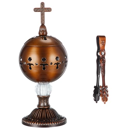 Zonon 1 Set Incense Burner with Tong, Frankincense Charcoal Incense Stand Holder, Ideal for Yoga, Spa, Aromatherapy, Home and Christian Church Censer (Red Copper,Retro) - color: Red Copper, size: Retro