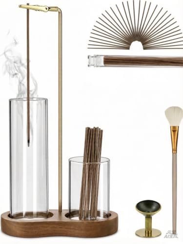 Incense Holder, 3 in 1 for Sticks with Detachable Anti-Ash Flying Incense Burner with Glass Ash Catcher andSticks Organizer Handmade Wooden Tray for Meditation Yoga Room Decor Package