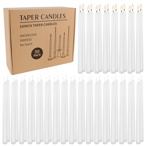 WPONSZU 50 Pack White Taper Candles, 7-8 Hours Burn Time, Unscented, Smokeless and Dripless, 4/5 x 10 Inch for Christmas,Household,Dinner,Wedding,Valentine's Day,Party and Home Décor Candlesticks - color: 50 White