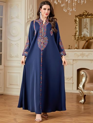 ABEWIP Muslim Dresses for Women Ramadan Kimono Long Sleeve Embroidered Islamic Prayer Dress Turkey Dubai Eid Abaya Kaftan - color: Navy Blue, size: Large