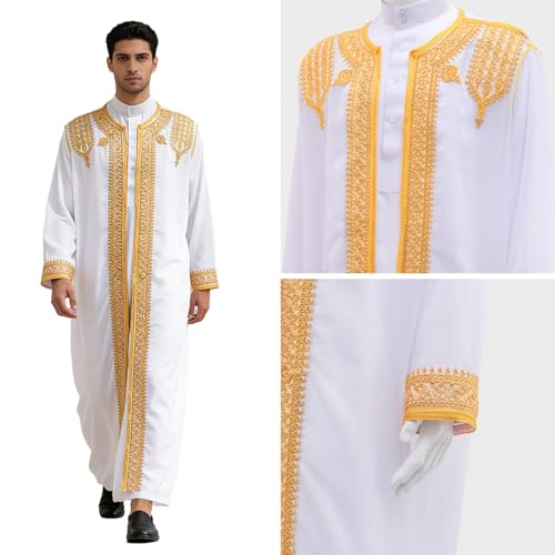 Men's Robe Muslim Clothes Muslim Islamic Pakistan Dubai Abaya Thobe Kaftan Robe Long Gown Ethnic Clothes - color: White, size: 60