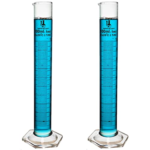 100ml Graduated Cylinder, Borosilicate 3.3 Glass, Single Metric Scale, Class B, Karter Scientific 246I7 (Pack of 2) - size: 100ml, style: Pack of 2