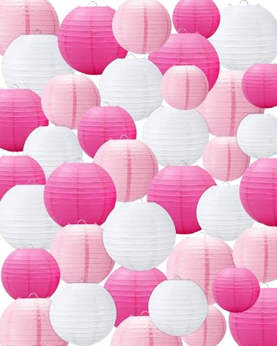 Treela 48 Pcs Paper Lanterns Party Decorations Chinese Lanterns Round Paper Decor 4/6/8/10 Inch Asian Hanging Lamps Decorative for Graduate Wedding Birthday Bridal Party Supplies(Pink,White) - color: Pink,White