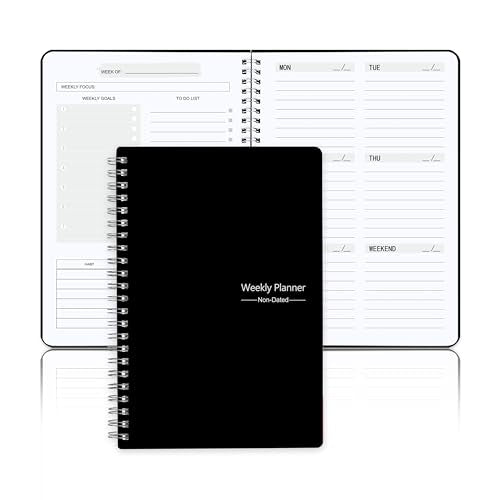 Undated Weekly Planner, Weekly Goals Notebook, A5 To Do List Planner, Habit Tracker Journal with Spiral Binding, 5.7 x 8.0 in, Black - color: Black- A5 Weekly Planner