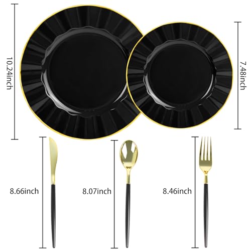 150Pcs Plastic Plates with Gold Rim,Heavy Duty Black Plates for 30 Guests,Plastic Dinnerware Set Include 30 Dinner Plate,30 Dessert Plate,90 Gold Cutlery Set for Party (Black) - color: Black