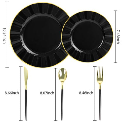 150Pcs Plastic Plates with Gold Rim,Heavy Duty Black Plates for 30 Guests,Plastic Dinnerware Set Include 30 Dinner Plate,30 Dessert Plate,90 Gold Cutlery Set for Party (Black) - color: Black