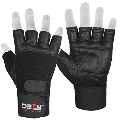 DEFY Padded Weight Lifting Gloves with 13" Long Wrist Wrap Genuine Leather Gym Gloves for Power Lifting, Cross Training, Workout Black - size: Small