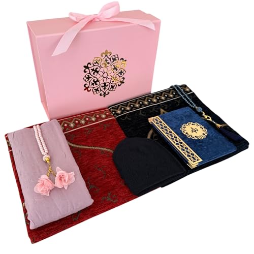 SAIKA 7 Pieces Prayer Rug Set, Prayer Rug Set for Couples & Families, Prayer Beads, Scarf, Muslim Hat, Prayer mats & Short Surahs Book, Islamic Gift, Janmaz, Salah mat, Rmadan Gift (Rose Box Set) - color: Rose Box Set