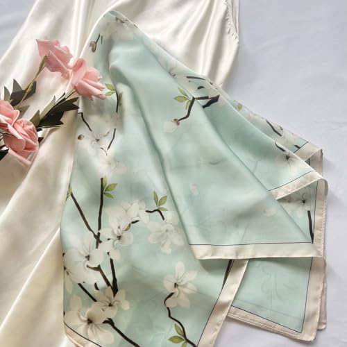 FONYVE Silk Feeling Scarf Medium Square Satin Head Scarf for Women 27.5 × 27.5 inches - color: 03 Light Green Floral