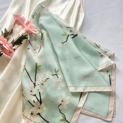 FONYVE Silk Feeling Scarf Medium Square Satin Head Scarf for Women 27.5 × 27.5 inches - color: 03 Light Green Floral