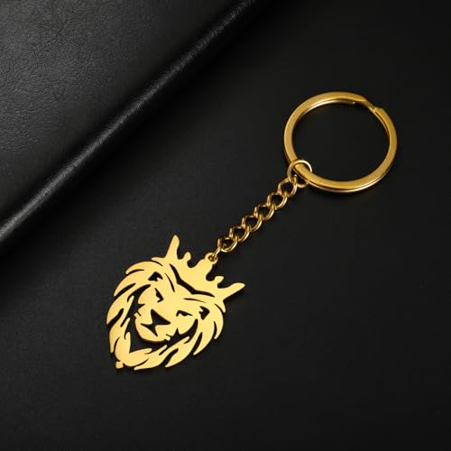 Dreamtimes Lion With King Crown Keychain for Men Stainless Steel Lion Punk Rock Keychain Bag Car Key Pendant Keychain - color: Gold-1