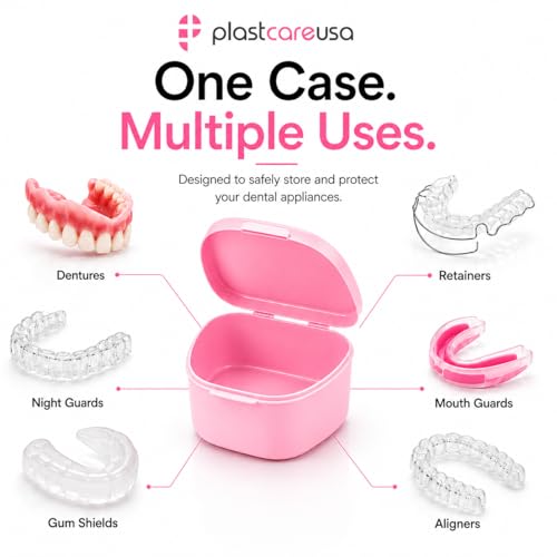 PlastCare USA Pink Denture Cases Pack of 5 - Dental Box For Artificial Teeth, Mouth Guard, Night Guard, Gum Shields, Retainer - Denture Bath Container for Women and Men - Travel Denture Cup - color: Pink
