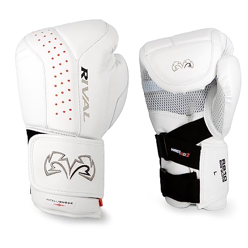RIVAL Boxing RB10 Intelli-Shock Bag Gloves, Hook and Loop Closure - Ergonomic Fit, 1.25” of Closed Cell Foam for Intense Bag Use - color: White, size: Large