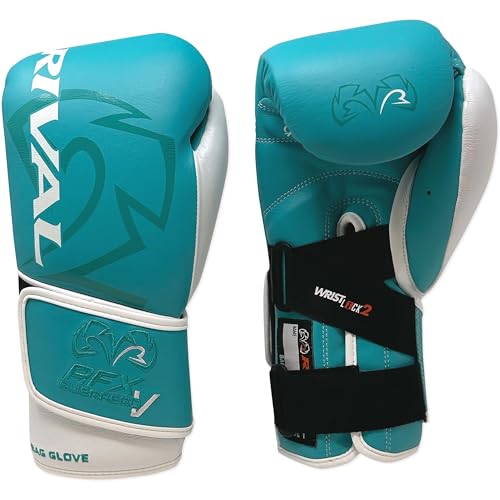RIVAL Boxing RFX-Guerrero-V Bag Gloves, Multi-Layered Inner Foam Padding (HDEF), Premium Leather, Wrist Lock 2 System - color: Teal/White, size: 8 oz.