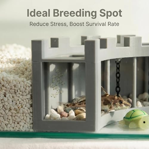 Aquarium Underground Corner Cave Hideout, Natural Curve with Chain Design, Fish Tank Decor Includes Stones & Turtle Ornament, Hiding Tunnel Perfect for Betta Shrimp Corydoras Kuhli Loach Pleco
