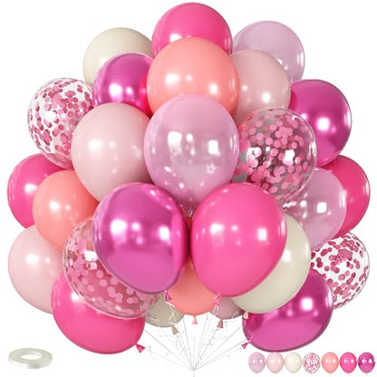 Shades of Pink Balloons 12 Inch, Hot Pearl Light Pastel Baby Dark Bright Pink Sand Latex Balloons with Metallic Magenta Pink Confetti Balloon for Princess Theme Birthday Wedding Bridal Shower Party - color: Magenta Pink