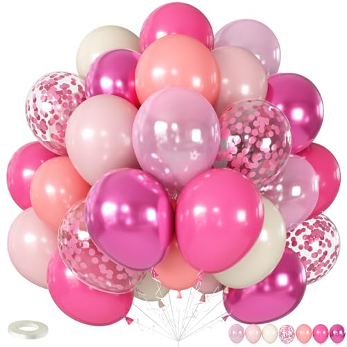 Shades of Pink Balloons 12 Inch, Hot Pearl Light Pastel Baby Dark Bright Pink Sand Latex Balloons with Metallic Magenta Pink Confetti Balloon for Princess Theme Birthday Wedding Bridal Shower Party - color: Magenta Pink