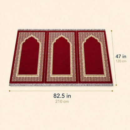 Modefa Turkish Islamic Prayer Mat - Wide Chenille Praying Mat - Multi Person Muslim Janamaz Sajada for Family - Large Gathering & Group Praying Carpet - Selcuk Star 3 Person (Red) - color: Red