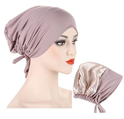 ® Soft Satin Turban Hat Inner Hijab Caps Underscarf Bonnet Hat Headwear for Cancer&Sleep - color: Black Light Grey Dark Grey Camel