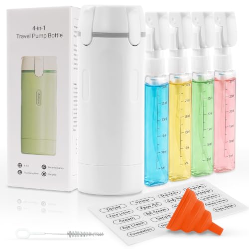 4-in-1 Travel Dispenser, 4 Pack 30ML Travel Bottles with Stickers for Toiletries – TSA Approved Leak Proof Refillable Containers for Shampoo, Conditioner, Creams, Lotions (White)
