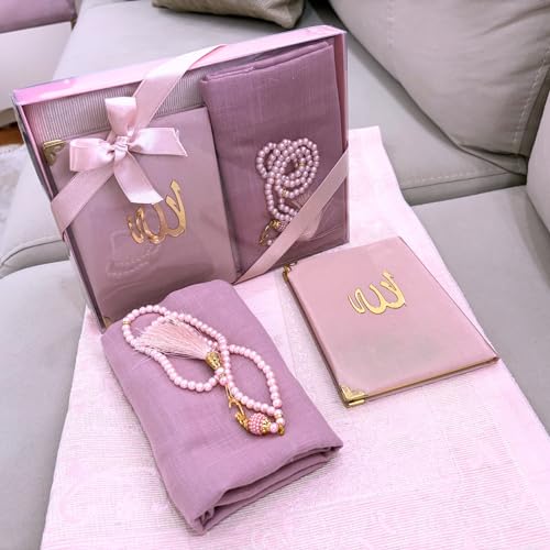 SAJADAH Muslim Prayer Rug Set - 4 in One Islamic Gifts Set, Prayer Mat, Prayer Beads, Hijab, Surahs Book,Eid Gifts - color: Pink