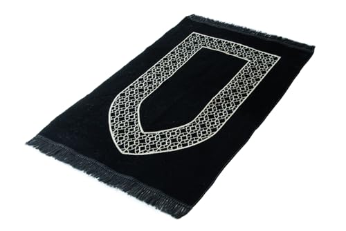 ihvan online Luxury Velvet Muslim Prayer Rug, Janamaz, Thick Soft Sajadah, Portable Travel Prayer Carpet Mat, Islamic Gift for Eid, Ramadan, Hajj & Umrah, Black - color: Black