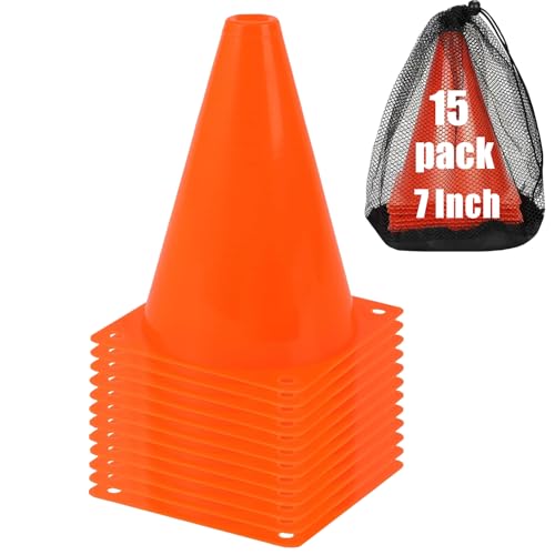 7 Inch Soccer Cones with Carry Bag,15 Pcs Sports Training Cones, Basketball Football Skating Drills Cones, Small Plastic Agility Marker Cone For Indoor and Outdoor Games,Orange Mini Traffic Cones