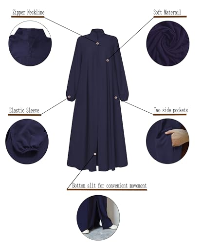Womens Abaya Muslim Long Sleeve Front Zipper Dress Prayer Islamic Clothes with Pockets - color: Blue, size: Medium