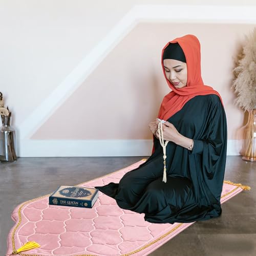 Muslim Prayer Rug with Tasbih Prayer Beads, Extra Thick Padded Non-Slip Islamic Prayer Matt,Turkish Praying Carpet Ottoman Blankets Ramadan Gift for Ramadan, Eid, Hajj, Travel, Pray（Pink） - color: Pink
