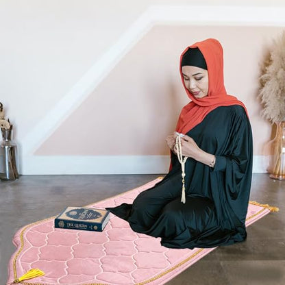 Muslim Prayer Rug with Tasbih Prayer Beads, Extra Thick Padded Non-Slip Islamic Prayer Matt,Turkish Praying Carpet Ottoman Blankets Ramadan Gift for Ramadan, Eid, Hajj, Travel, Pray（Pink） - color: Pink