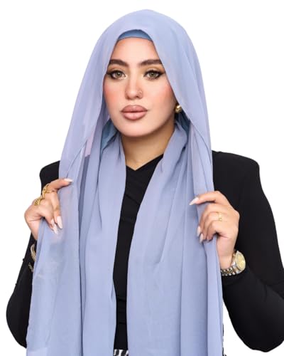 Instant Chiffon Hijab 3-in-1 with Built-in Magnets and Attached Match Undercap, Women Hijabs Set. - color: Sky Blue