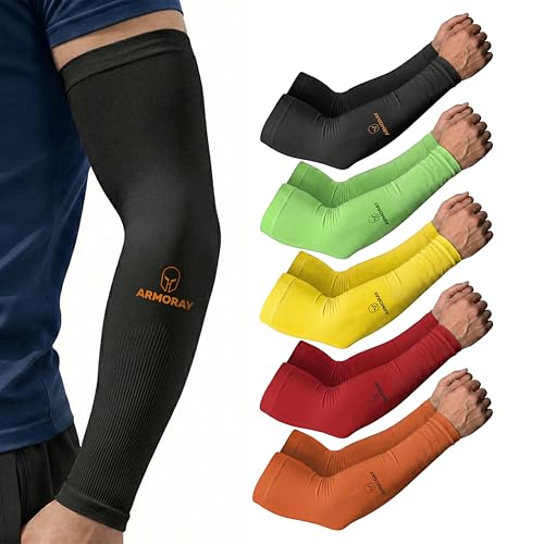 ARMORAY Arm Sleeves for Men and Women - UV Sun Protection Cooling Compression - Tattoo Cover Up Sleeve for Daily Wear & Work - color: Black + Green Hi Vis + Yellow Hi Vis + Red Hi Vis + Orange Hi Vis (5 Pairs)