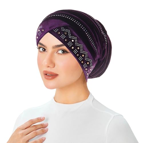 Rhinestone Hijab Turban Hats for Women Beanies Bandana Headwrap Cap Beanies Headwear Headscarf Undercap Turban Hat - color: Purple