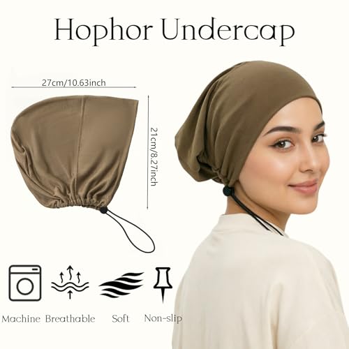 Women's Adjustable Elastic Drawstring Hijab Undercap, Soft Stretchy Jersey Underscarf Hijab Liner Hat - color: Khaki