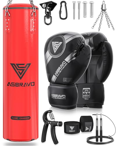 Punching Bag for Adults, 4ft PU Heavy Boxing Bag Set 12OZ Gloves for MMA Muay Thai Kickboxing Training Home Gym, Martial Art (Unfilled) - color: Red