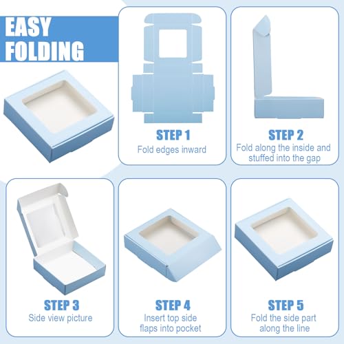 Zonon 30 Pcs Kraft Paper Boxes with Window 4.13 x 4.13 x 1.18 Inch Candy Packaging, Small Gift Boxes, Soap holder, Mini Treat Packaging for Bakery Chocolate Jewelry Display (Blue) - color: Blue