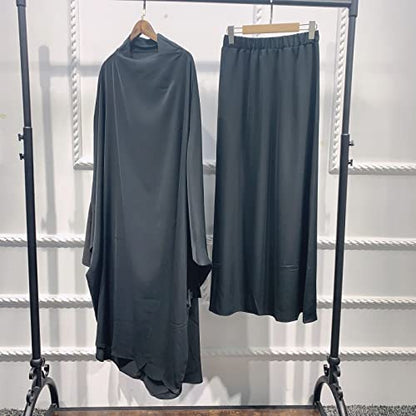 Women Muslim 2 Set Solid Color Plus Long Sleeve Thobe One-size Longuette Overall Abaya Thobe with Hoodied Hijab - color: Gray