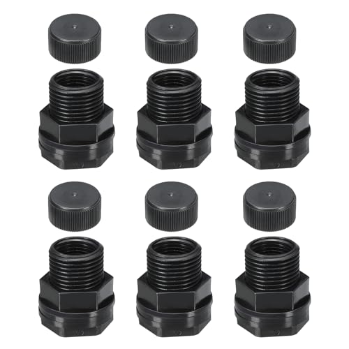 PATIKIL PVC Bulkhead Fitting with Cap NPT1/2" Female x GHT 3/4" Male, 6 Pack Double Threaded Bulkhead Water Tank Connector with Seal Gasket for Rain Bucket Sinks Aquariums, Black