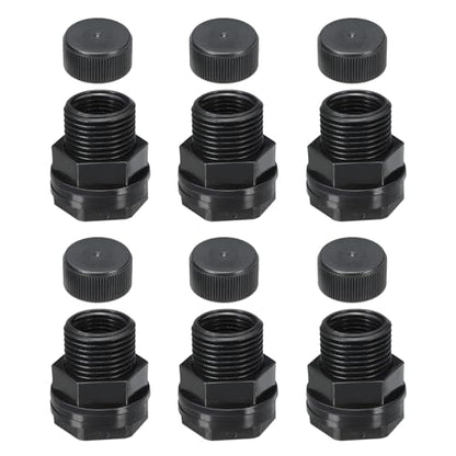 PATIKIL PVC Bulkhead Fitting with Cap NPT1/2" Female x GHT 3/4" Male, 6 Pack Double Threaded Bulkhead Water Tank Connector with Seal Gasket for Rain Bucket Sinks Aquariums, Black