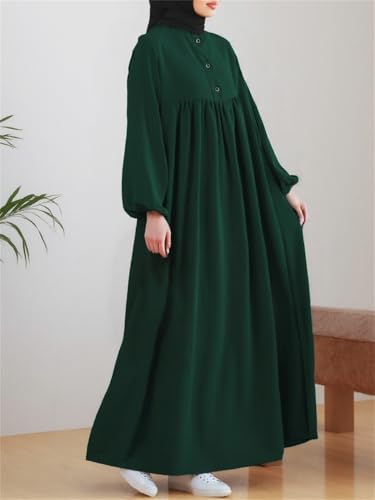 Womens Abaya Muslim Prayer 2 Pockets Long Sleeve Front Button Maxi Dresses Casual Islamic Clothes - color: Dark Green, size: Small