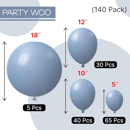 PartyWoo 더스티 블루 풍선 140피스 다양한 사이즈 팩 45.7cm(18인치), 30.5cm(12인치), 25.4cm(10인치), 12.7cm(5인치), 슬레이트 블루 보헤미안 뉴트럴 풍선 아치 키트, 베이비 샤워, 졸업 고양이 토네이도, 생일 파티 장식, 블루-F55 - color: 블루-f55