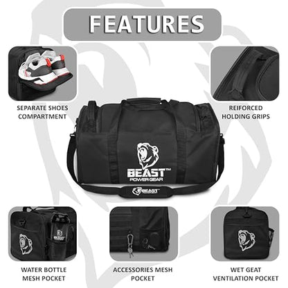 Gym Duffle Bag- Workout, Boxing, MMA, Sports Bag with Shoes Compartment and Adjustable Shoulder Strap for Men and Women (Black) - color: Black