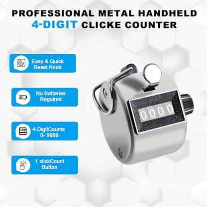 Clicker Counter, Metal Budget Hand Tally Counter, 4-Digit Pitch Mechanical Handheld Pitch Clicker Palm Counter for Row, Lap, Counting, Knitting - color: 4pack silver