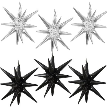 6 Pcs Silver Star Foil Balloons One-Piece 14-Pointed Star Balloon 4D Starburst Cone Mylar Balloon 22inch Christmas Birthday Wedding Wedding Anniversary Party Supplies (Black + Silver) - color: Black + Silver