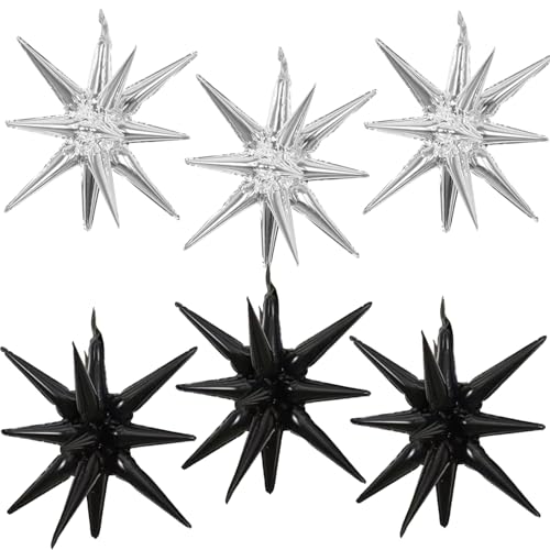 6 Pcs Silver Star Foil Balloons One-Piece 14-Pointed Star Balloon 4D Starburst Cone Mylar Balloon 22inch Christmas Birthday Wedding Wedding Anniversary Party Supplies (Black + Silver) - color: Black + Silver