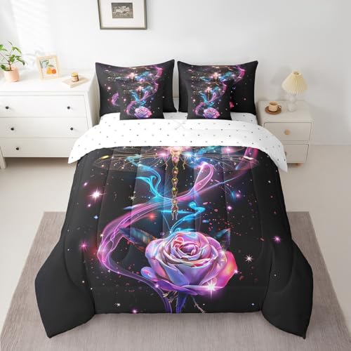 Feelyou Girls Dragonfly Bed in a Bag Queen Size 7 Pieces for Kids Women - color: Black Pink, size: Queen