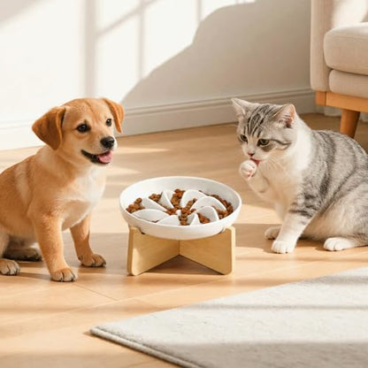 PETTOM Slow Feeder Cat Bowl with Stand, Ceramic Slow Eating Cat Bowl with Higher Edges, Elevated Cats Food Bowls for Dry and Wet Food Anti-Vomiting Puzzle Feeder for Healthy Eating Diet - color: Milky White
